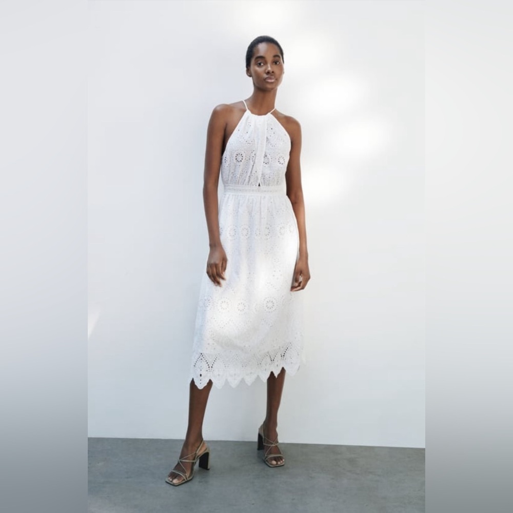 ZARA NWOT Openwork Embroidered White Cotton Dress Size M